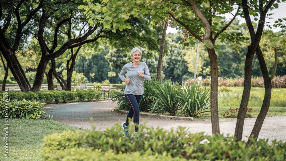 Smiling senior woman jogging in a park surrounded by greenery Smiling senior woman jogging in a park surrounded by greenery