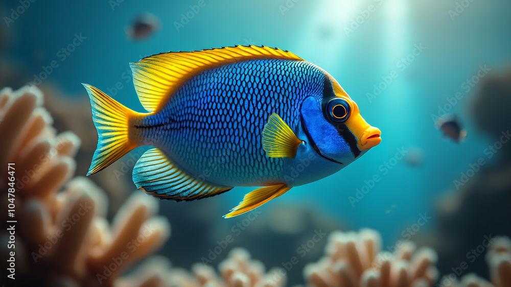 Underwater Colorful Sea Fish Swimming In Deep Water With Colorful Sea Nature Life. Underwater Colorful Sea Fish Swimming In Deep Water With Colorful Sea Nature Life.