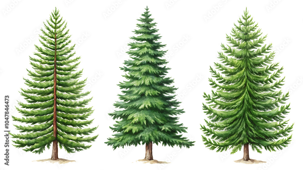Obraz premium Set of Pinus sylvestris Scotch pine spruce big tall tree isolated on white background as transparent. PNG. AI GENERATED.