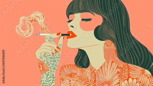 A stylish woman enjoys a cigarette, blending vintage style with bold, modern art. photo