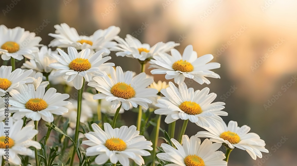 Fototapeta premium A vibrant cluster of white daisies with yellow centers, beautifully blending nature's artistry against a soft background.