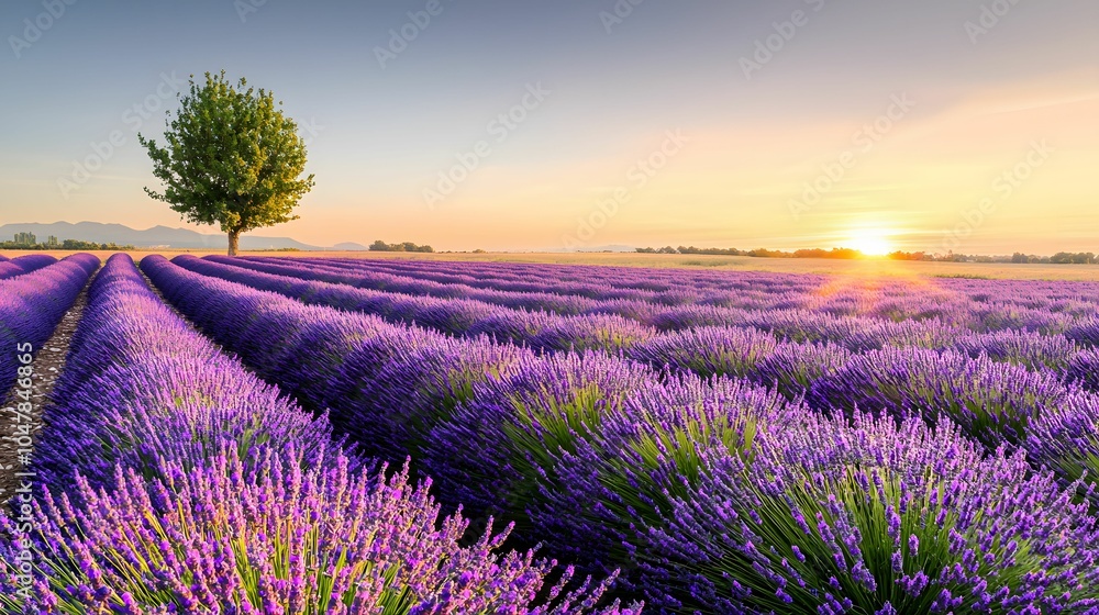 Obraz premium A serene lavender field at sunrise, with vibrant purple rows stretching towards a horizon illuminated by the soft glow of the morning sun.