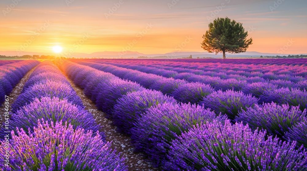 Fototapeta premium A serene lavender field at sunrise, showcasing vibrant purple blooms under a bright sky and a solitary tree in the distance.
