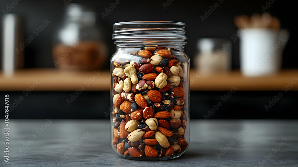 Glass Jar Containing Assorted Nuts with a Slightly Open Lid on a Neutral Background Glass Jar Containing Assorted Nuts with a Slightly Open Lid on a Neutral Background