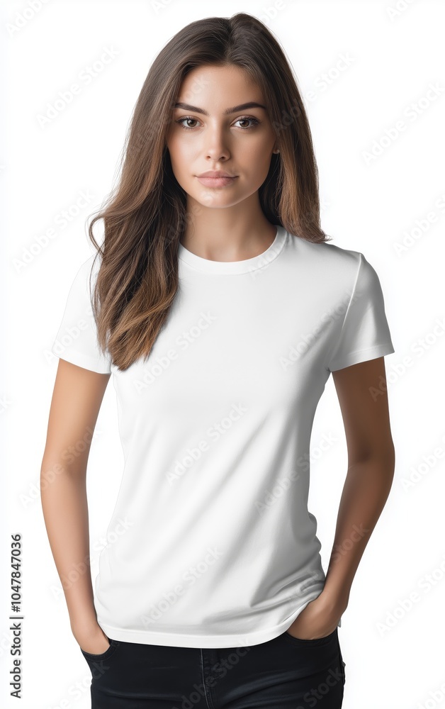 A clean and stylish template showcasing a basic T-shirt design on a female model A clean and stylish template showcasing a basic T-shirt design on a female model