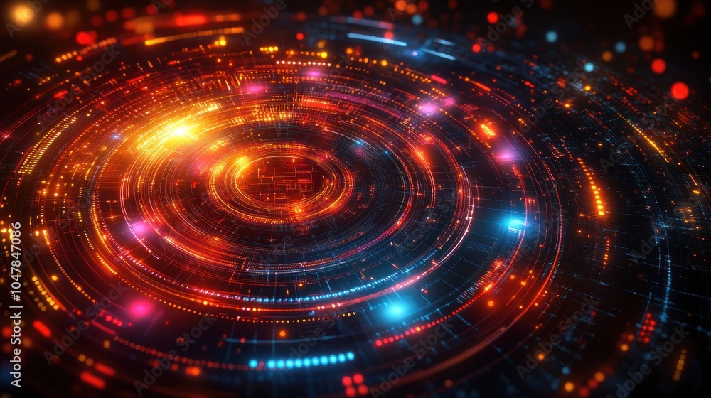 Obraz premium Abstract circular glowing technology background with red and blue lights.