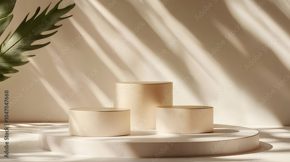 Three beige light podium for cosmetic product presentation : Generative AI Three beige light podium for cosmetic product presentation : Generative AI