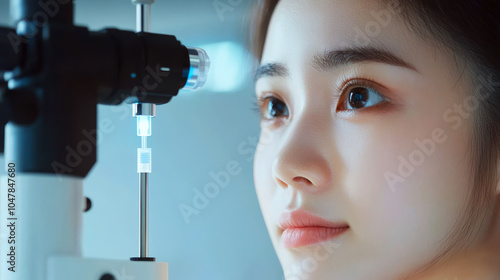 A person is having an eye exam, focusing intently on the eye testing device. Concept focuses on vision care and health. For health publications and educational materials.