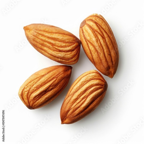 Close-up of four whole almonds arranged in a circular pattern against a white background.