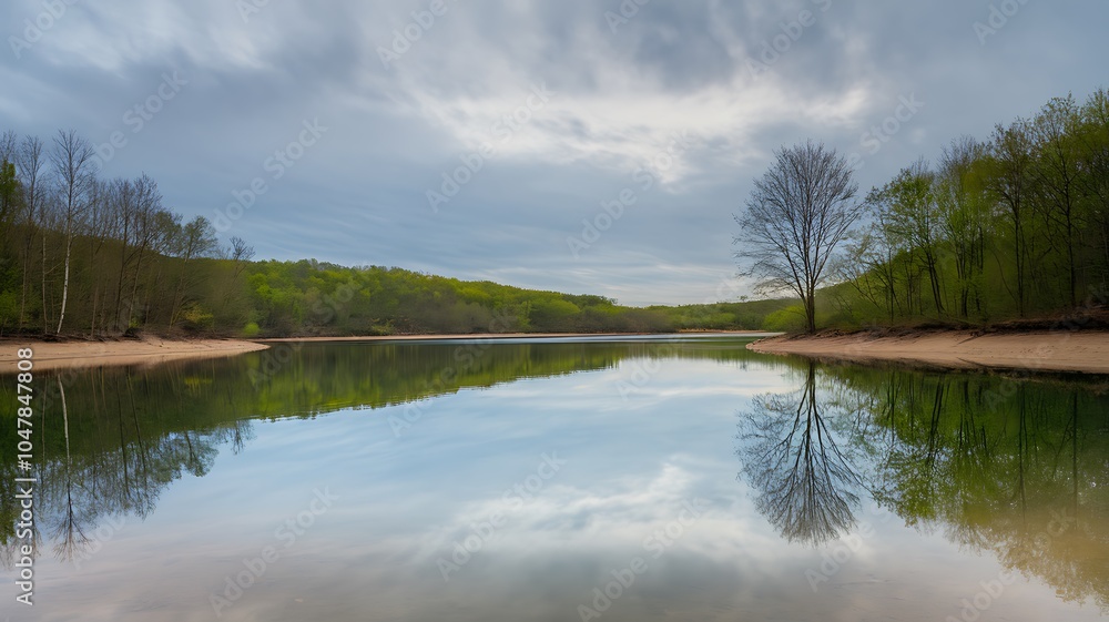 A Tranquil Lake Reflecting a Cloudy Sky and a Tree A Tranquil Lake Reflecting a Cloudy Sky and a Tree
