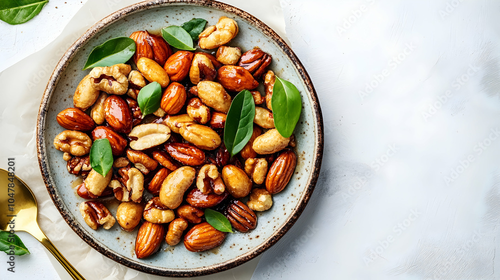 Plate of Caramelized Nuts on Parchment Paper with a Rustic Background Plate of Caramelized Nuts on Parchment Paper with a Rustic Background