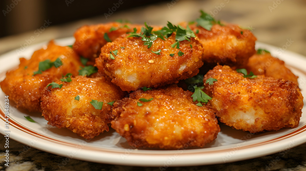Plate of Crunchy Fried Chicken Thighs Garnished with Fresh Parsley on a Rustic Wooden Table Plate of Crunchy Fried Chicken Thighs Garnished with Fresh Parsley on a Rustic Wooden Table