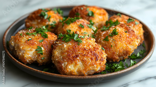 Plate of Crispy Fried Chicken Thighs Garnished with Fresh Parsley on Rustic Wooden Table