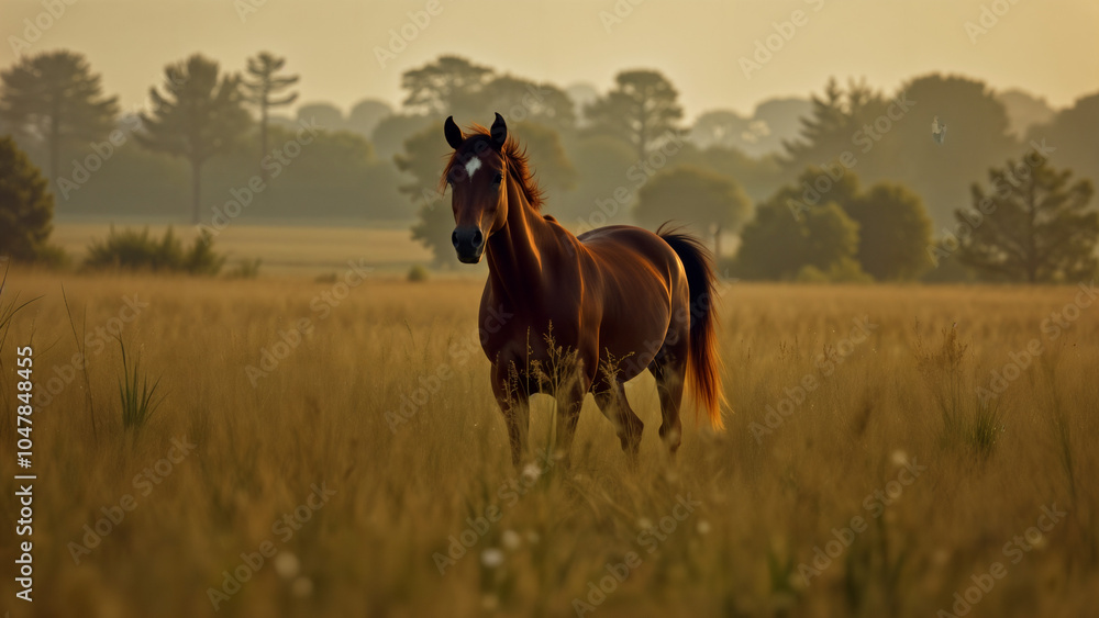 A Curious Brown Horse Gazing at the Camera While a Black TV Sits Nearby in the Field A Curious Brown Horse Gazing at the Camera While a Black TV Sits Nearby in the Field