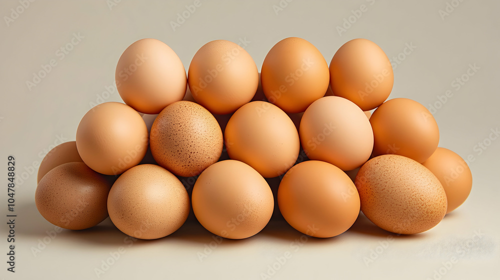 A Pyramid of Brown Eggs Stacked on a Neutral Background A Pyramid of Brown Eggs Stacked on a Neutral Background