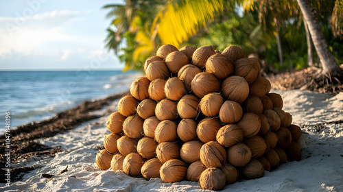 Neatly Arranged Stack of Coconuts on a Tropical Beach Under Clear Blue Skies