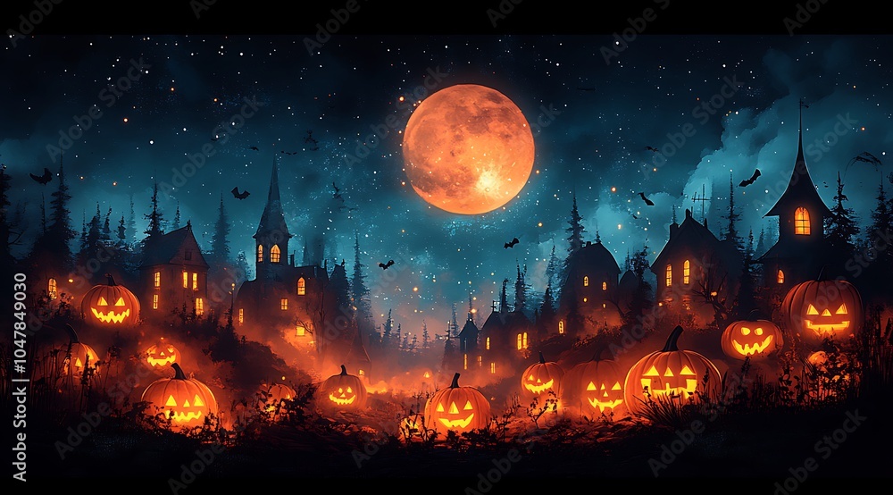 Pumpkins lit up in a forest at night Pumpkins lit up in a forest at night