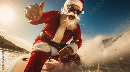 Santa Claus on surf board in ocean. Santa Claus on vacation. Surfing Santa. Santa goes Surfing.