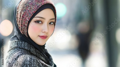 Portrait of a Woman in a Black Hijab and a Patterned Scarf