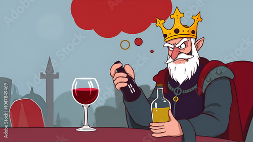 Angry king with a bottle of poison and poisoned wine thinking about methods and means of struggle against his insidious and ruthless competitors in a fairy kingdom, vector cartoon illustration photo