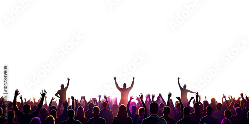 Concert crowd silhouette with vibrant stage lights, transparent background