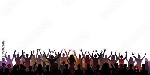 Concert crowd silhouette with vibrant stage lights, transparent background
