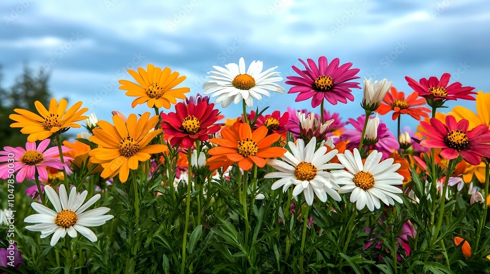 A vibrant field of colorful daisies blooms under a cloudy sky, showcasing a beautiful array of yellow, pink, orange, and white flowers. A vibrant field of colorful daisies blooms under a cloudy sky, showcasing a beautiful array of yellow, pink, orange, and white flowers.