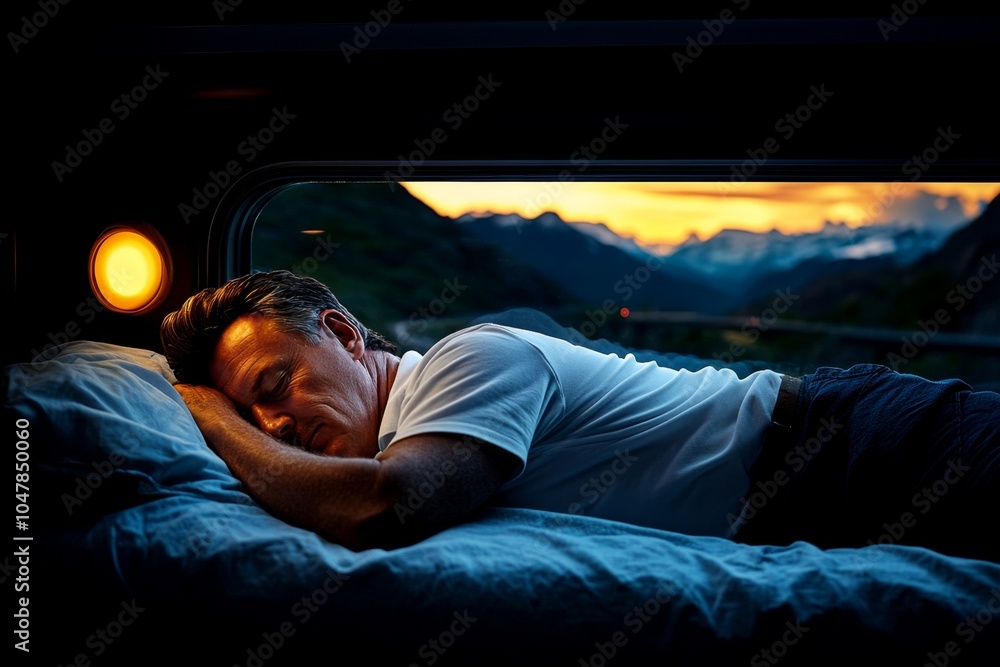 A traveler taking a nap on a train, leaning against the window as the landscape blurs by outside A traveler taking a nap on a train, leaning against the window as the landscape blurs by outside