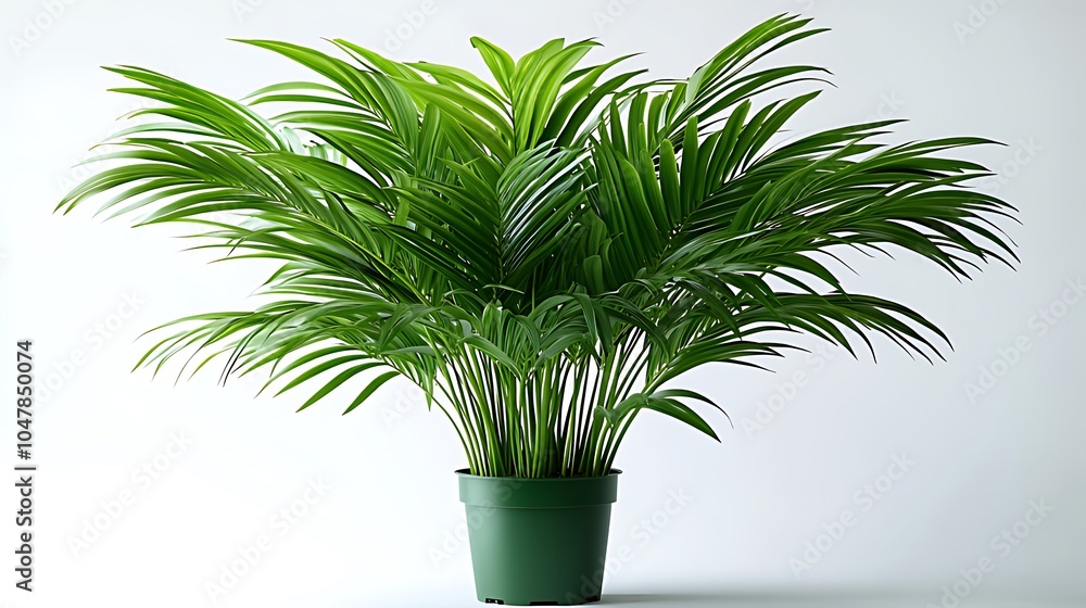 A potted green palm plant with lush leaves isolated on a white background. A potted green palm plant with lush leaves isolated on a white background.