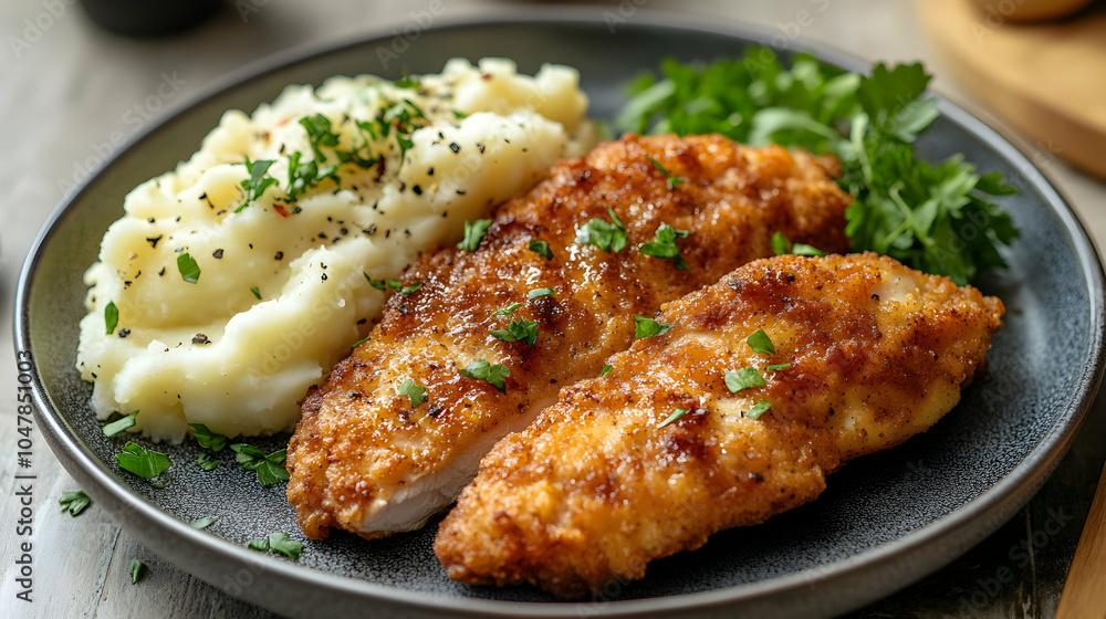 Crispy Buttermilk Fried Chicken Breast Served with Mashed Potatoes and Gravy on a Rustic Wooden Table Crispy Buttermilk Fried Chicken Breast Served with Mashed Potatoes and Gravy on a Rustic Wooden Table