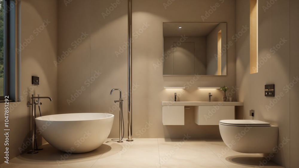 A Modern and Luxurious Bathroom Featuring a Striking Metal Post and Elegant Fixtures for a Calming Atmosphere A Modern and Luxurious Bathroom Featuring a Striking Metal Post and Elegant Fixtures for a Calming Atmosphere