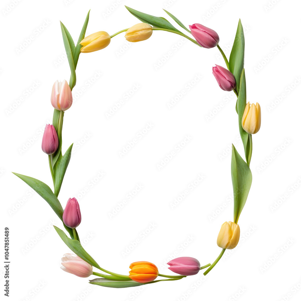 Colorful tulip wreath, white isolated background Colorful tulip wreath, white isolated background