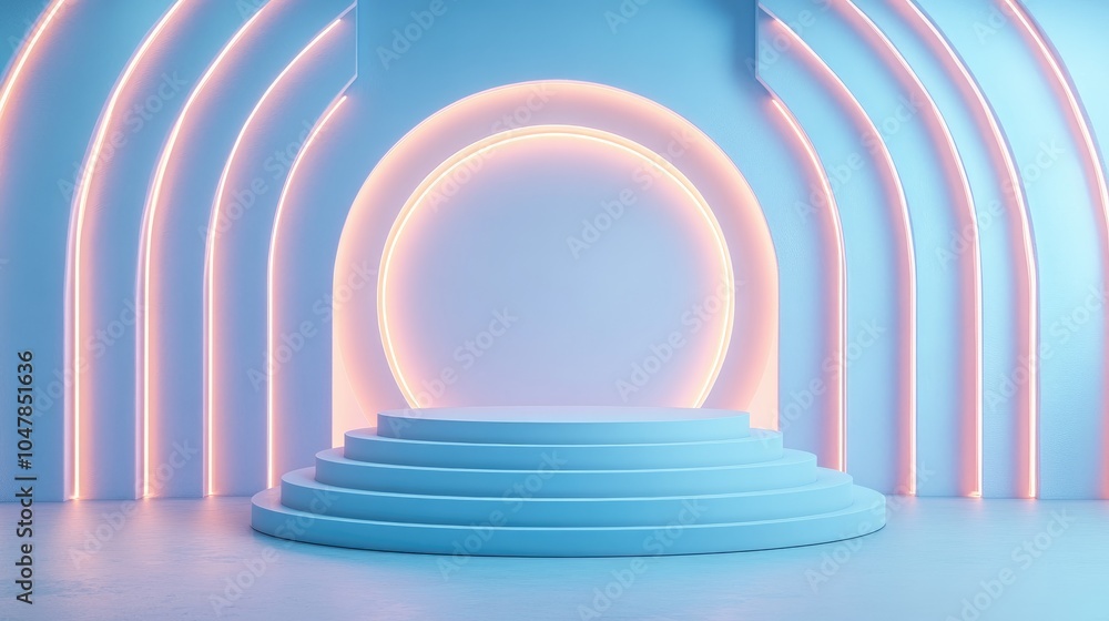 Fototapeta premium Circular Platform with Neon Lights and Arched Wall