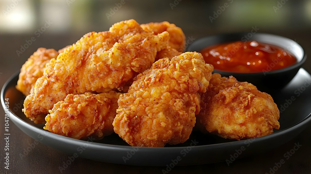 Crispy Fried Chicken Tenders with Sweet Chili Sauce on a White Plate, Garnished with Fresh Herbs, Perfect for Appetizers or Casual Dining Crispy Fried Chicken Tenders with Sweet Chili Sauce on a White Plate, Garnished with Fresh Herbs, Perfect for Appetizers or Casual Dining