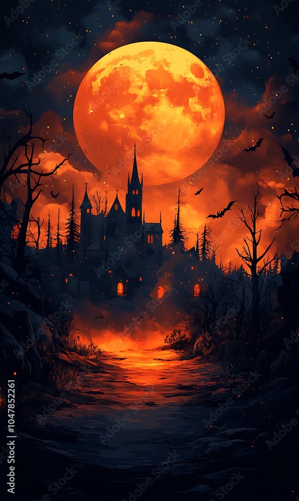 Castle nestled in the woods under a full moon Castle nestled in the woods under a full moon