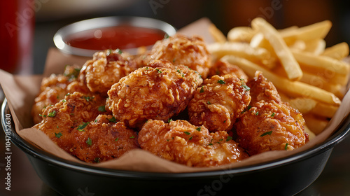 Crispy Fried Chicken Pieces Neatly Arranged in a Basket, Perfect for Culinary Displays and Food Photography