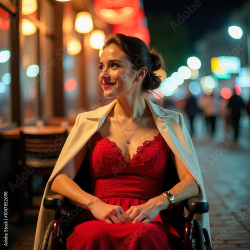 Woman in red evening dress and white cape in wheelchair