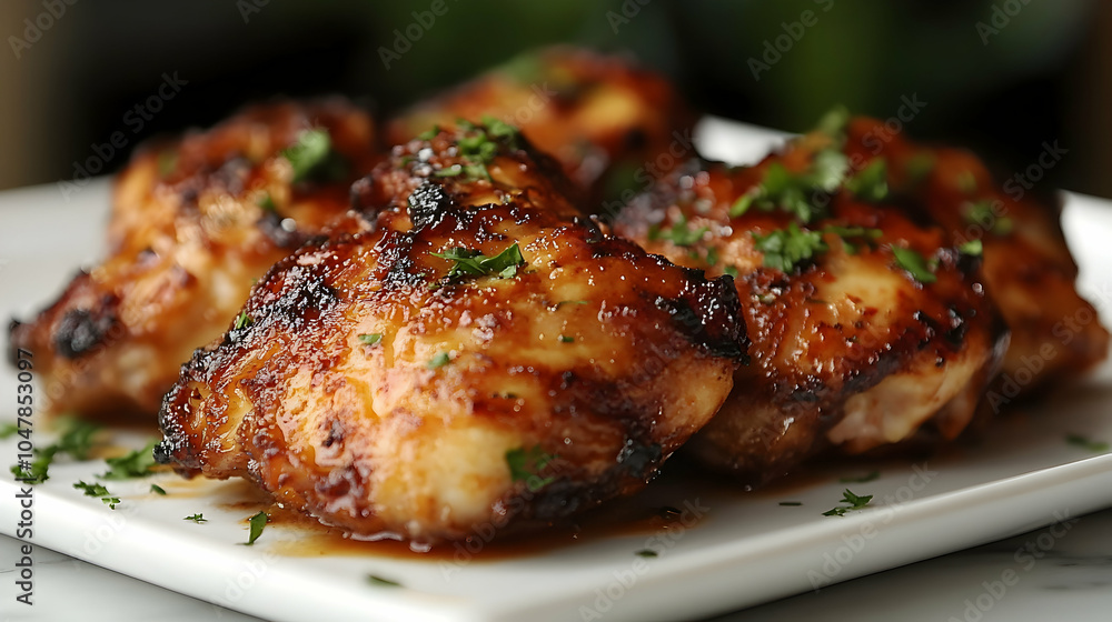 Golden Brown Fried Chicken on a White Plate with Fresh Herbs and Garnish Golden Brown Fried Chicken on a White Plate with Fresh Herbs and Garnish