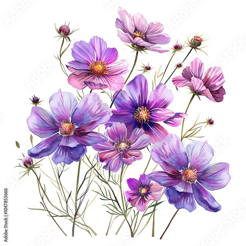 Watercolor Purple Cosmos Isolated on White Background. Beautiful Cosmos Flower