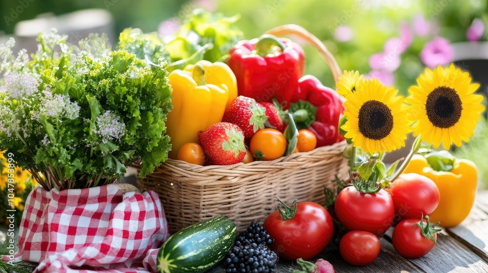 Fresh Harvest of Colorful Vegetables and Sunflowers Fresh Harvest of Colorful Vegetables and Sunflowers