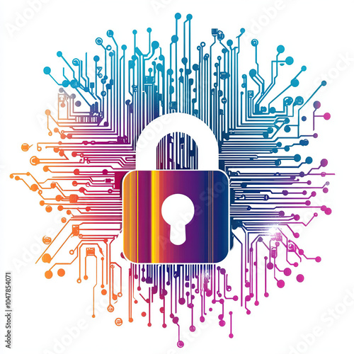 Vector illustration of digital security, a lock symbol with a circuit board pattern in the background on a white background