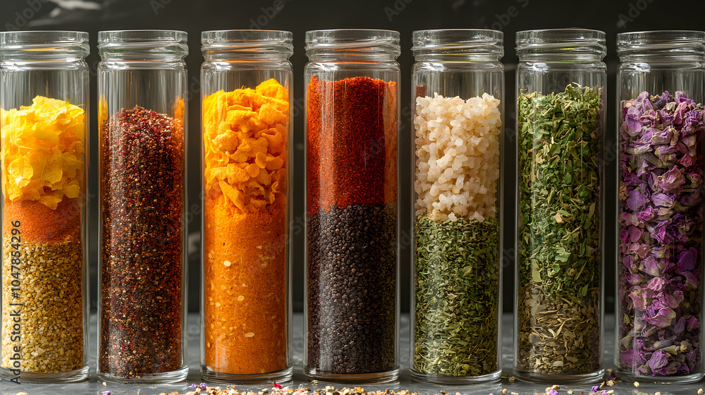Small Glass Jars Filled with Colorful Ground Spices on a Neutral Background Small Glass Jars Filled with Colorful Ground Spices on a Neutral Background