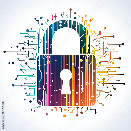 Vector illustration of digital security, a lock symbol with a circuit board pattern in the background on a white background