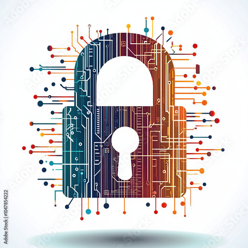 Vector illustration of digital security, a lock symbol with a circuit board pattern in the background on a white background