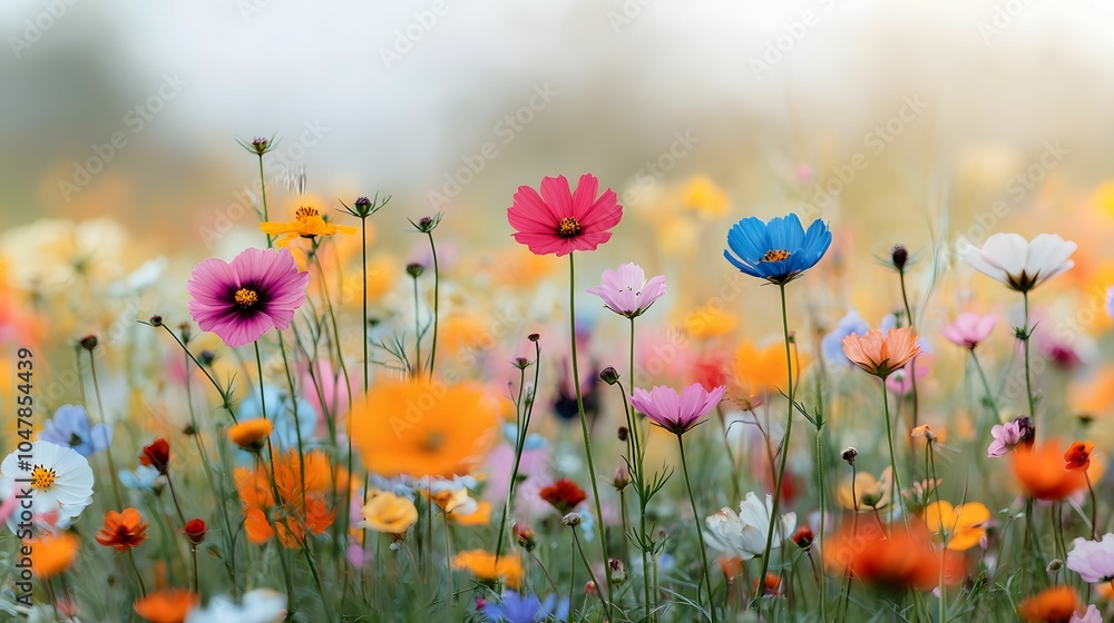A vibrant field of colorful wildflowers in bloom, showcasing a blend of pink, blue, and orange petals against a soft, blurred background. A vibrant field of colorful wildflowers in bloom, showcasing a blend of pink, blue, and orange petals against a soft, blurred background.