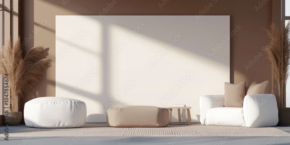 Obraz premium Minimalist living room interior with white and beige furniture, a large blank canvas and pampas grass.