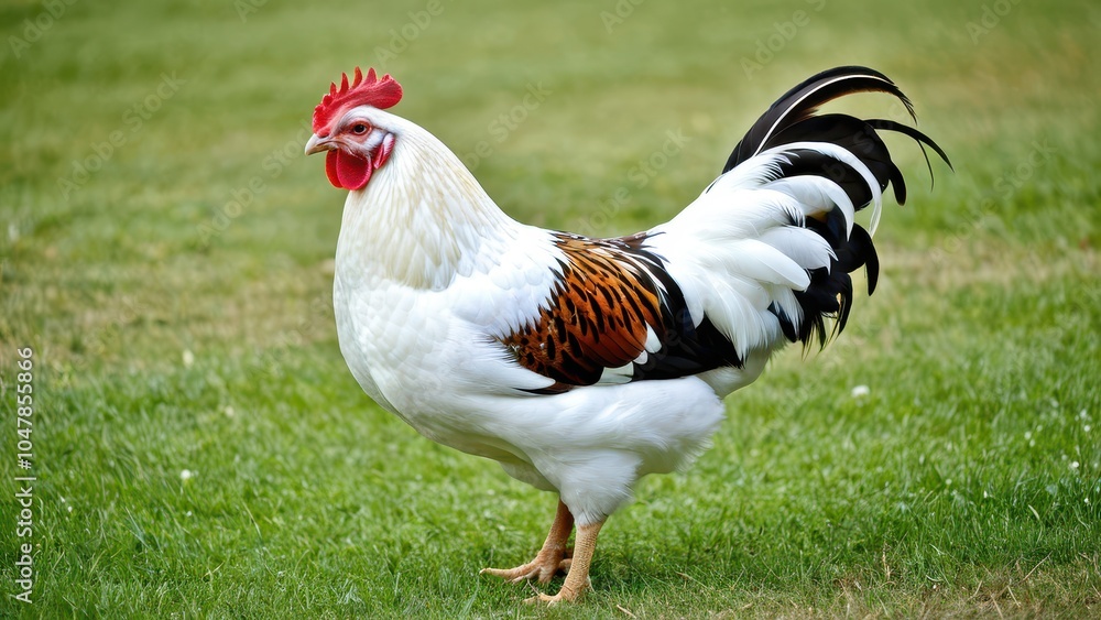 Fototapeta premium Rare and striking Swedish Flower Hen, an ideal choice for backyard enthusiasts. This breed brings beauty and variety with its colorful, speckled feathers and gentle disposition