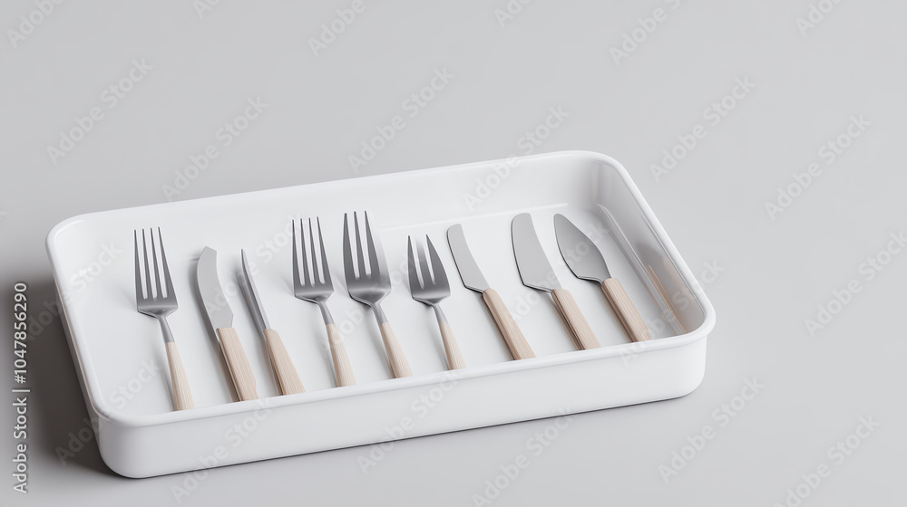 An elegant arrangement of cutlery including forks and knives in a white tray against a neutral background, perfect for dining or kitchen decor. An elegant arrangement of cutlery including forks and knives in a white tray against a neutral background, perfect for dining or kitchen decor.