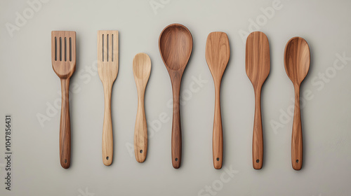 Assorted wooden kitchen utensils arranged neatly against a subtle background, showcasing various shapes and sizes for culinary use.