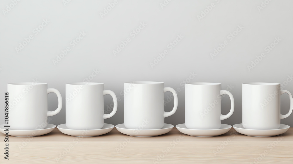 Five empty white ceramic mugs arranged neatly on a wooden surface against a plain wall, ideal for showcasing beverage concepts or branding. Five empty white ceramic mugs arranged neatly on a wooden surface against a plain wall, ideal for showcasing beverage concepts or branding.